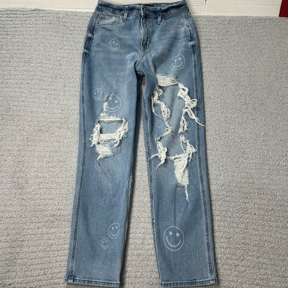 Hollister Mom Jeans 3R W26 Blue Smiley Face Distressed‎ High Rise Streetwear 90s